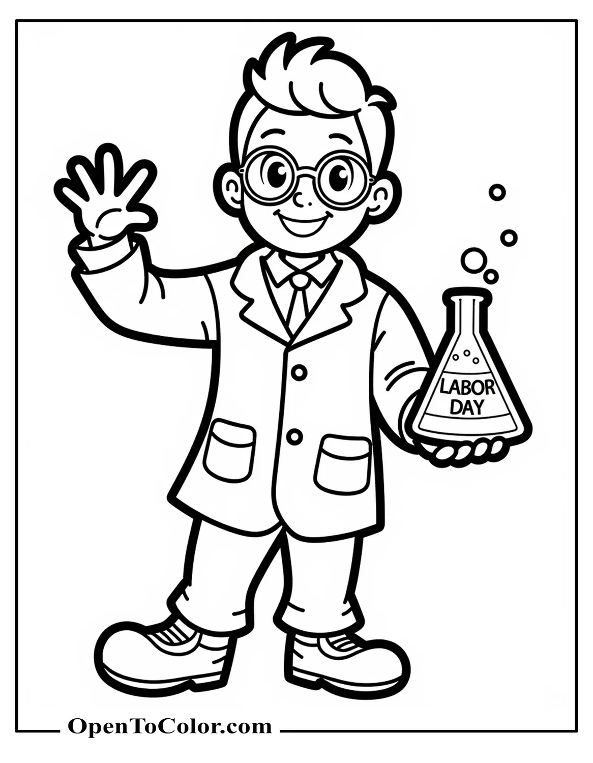 Smiling Scientist Holding A Beaker With A “Labor Day” Sticker Coloring Sheet Printable