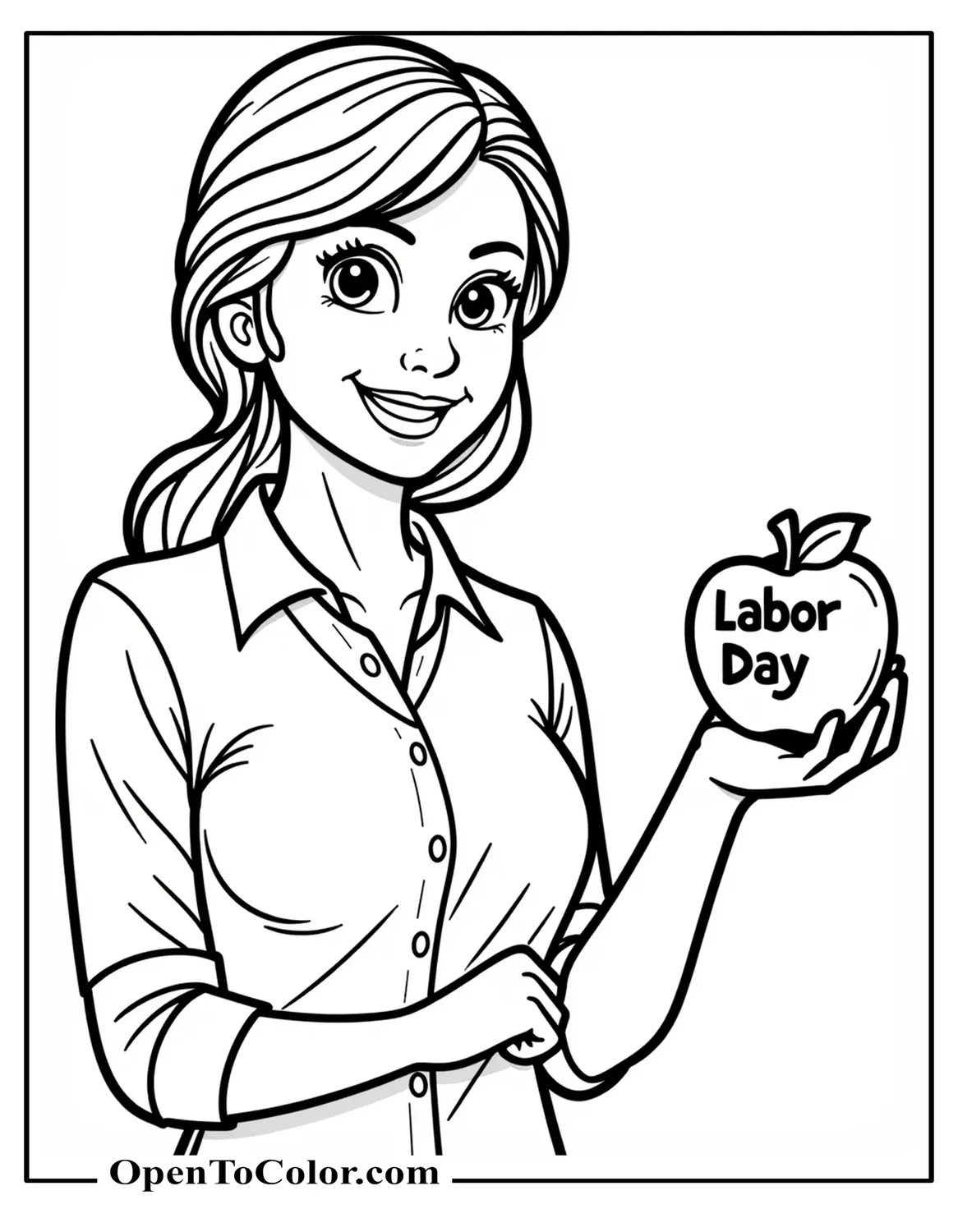 Free Coloring Sheet of a Smiling Teacher Holding an Apple Labeled “Labor Day”