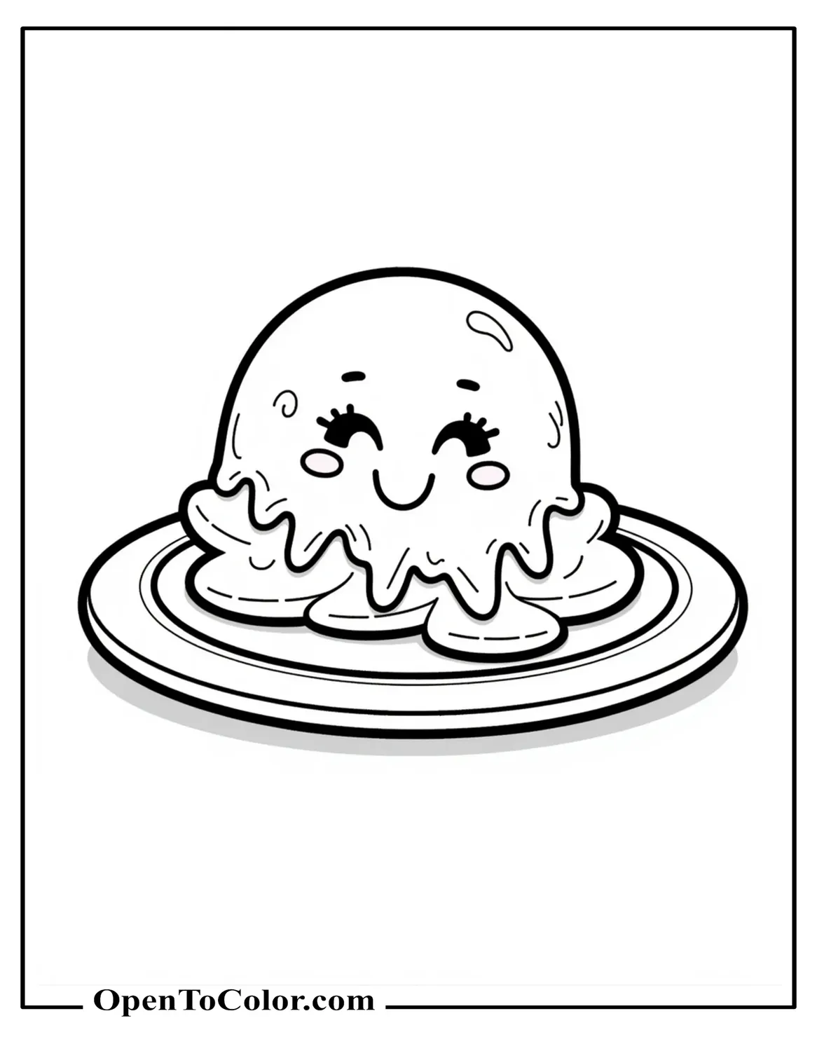A Cute Melting Ice Cream Scoop On A Round Plate, Drips Forming Friendly Smile Shapes, Free Coloring Sheet.