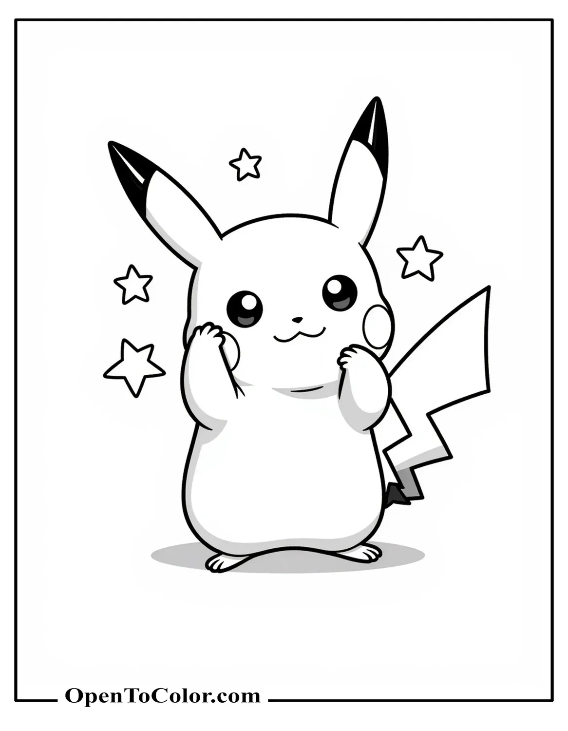 Free Coloring Page of Pikachu Sitting with Paws on Cheeks, Big Eyes, and Star Shapes Around