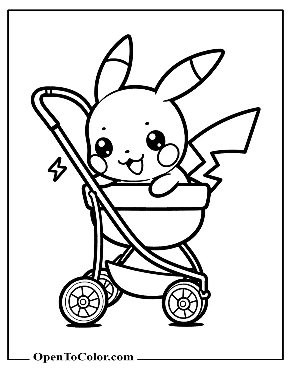 Free Coloring Page of Baby Pikachu in Chibi Anime Style Inside a Stroller with a Toy Thunderbolt