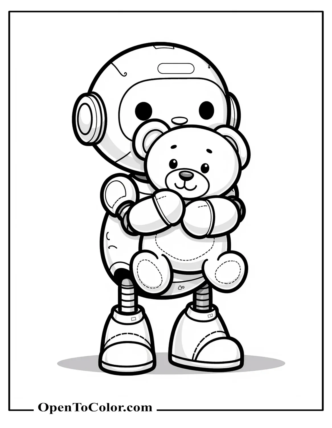 Free Coloring Sheet of Cute Round-Bodied Robot Hugging a Plush Teddy Bear