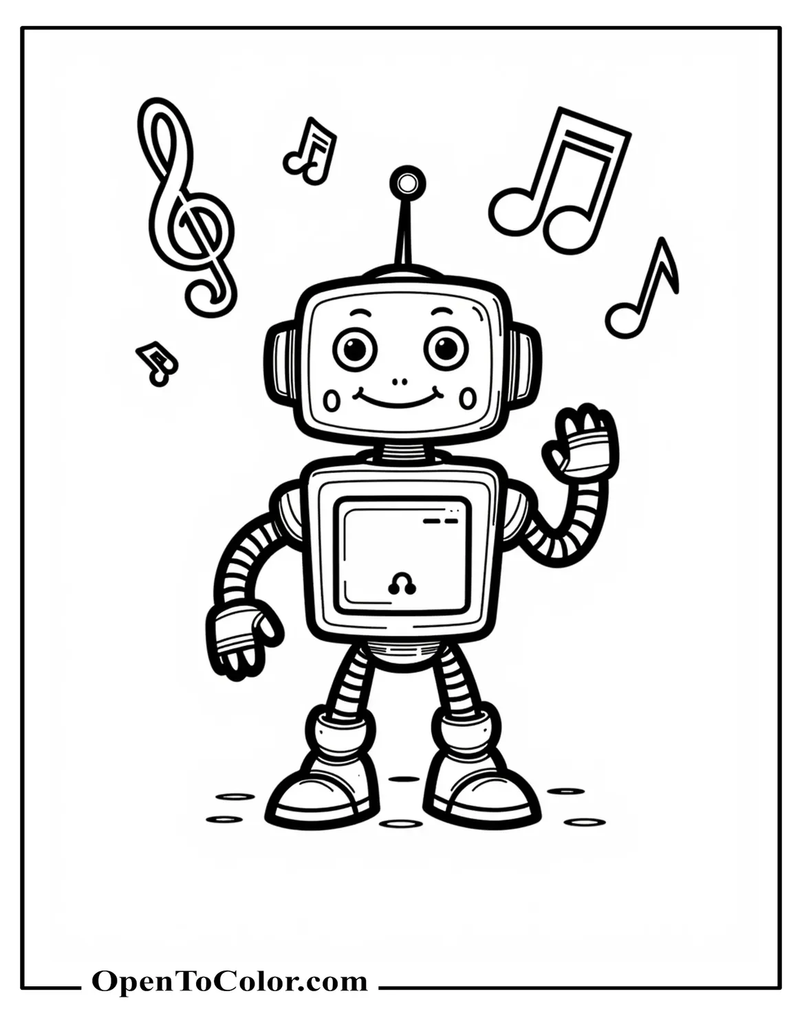 Cute Funko-Pop Style Robot Dancing Under Floating Musical Notes Coloring Sheet PDF