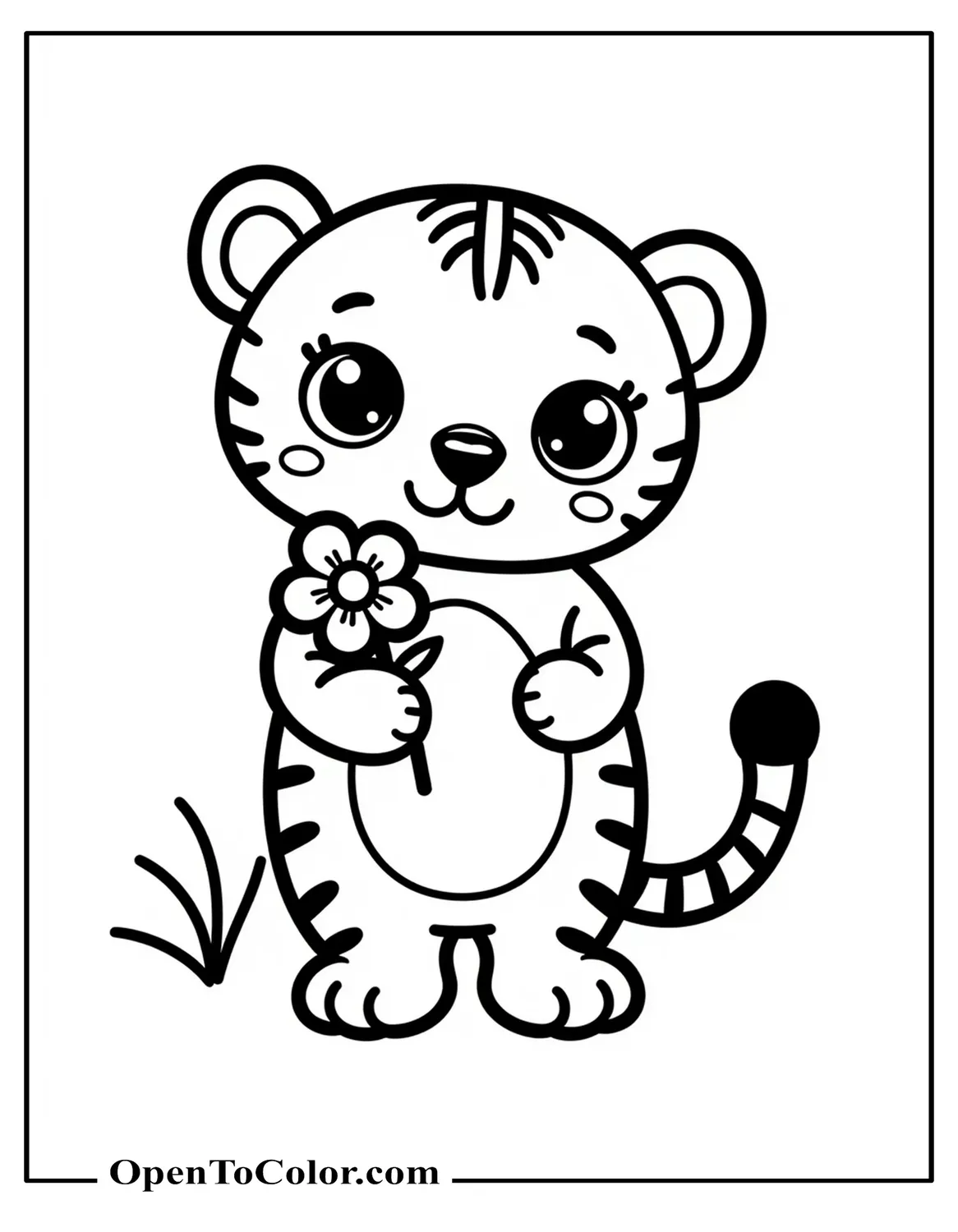 Cute tiger coloring sheet PDF holding a tiny flower, big round eyes, small cheeks