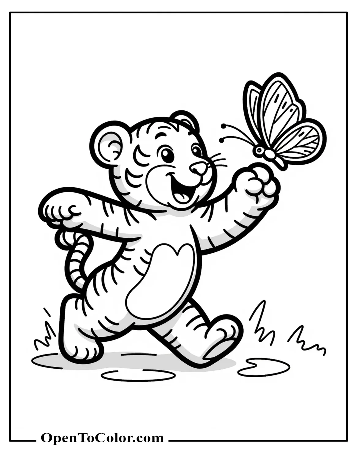 Cute Tiger Cub Chasing A Butterfly, One Paw Raised, Coloring Page PDF