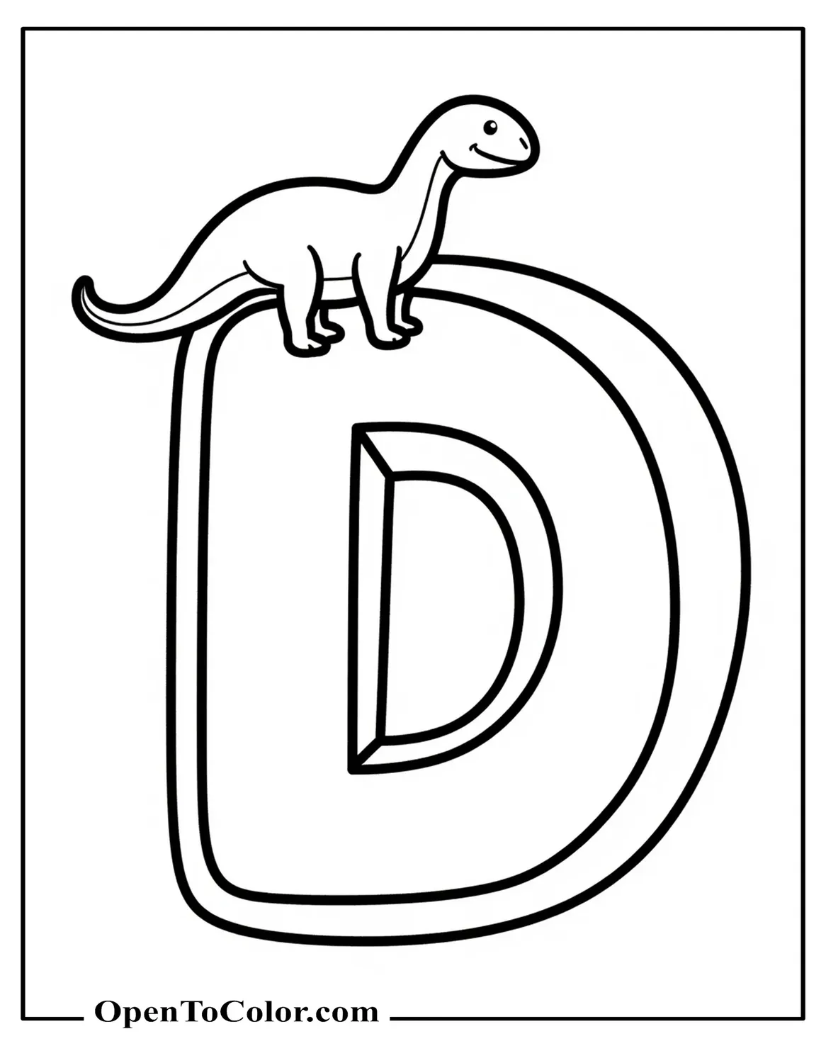 Free Coloring Page of Big Letter D with a Small Dinosaur Leaning on It