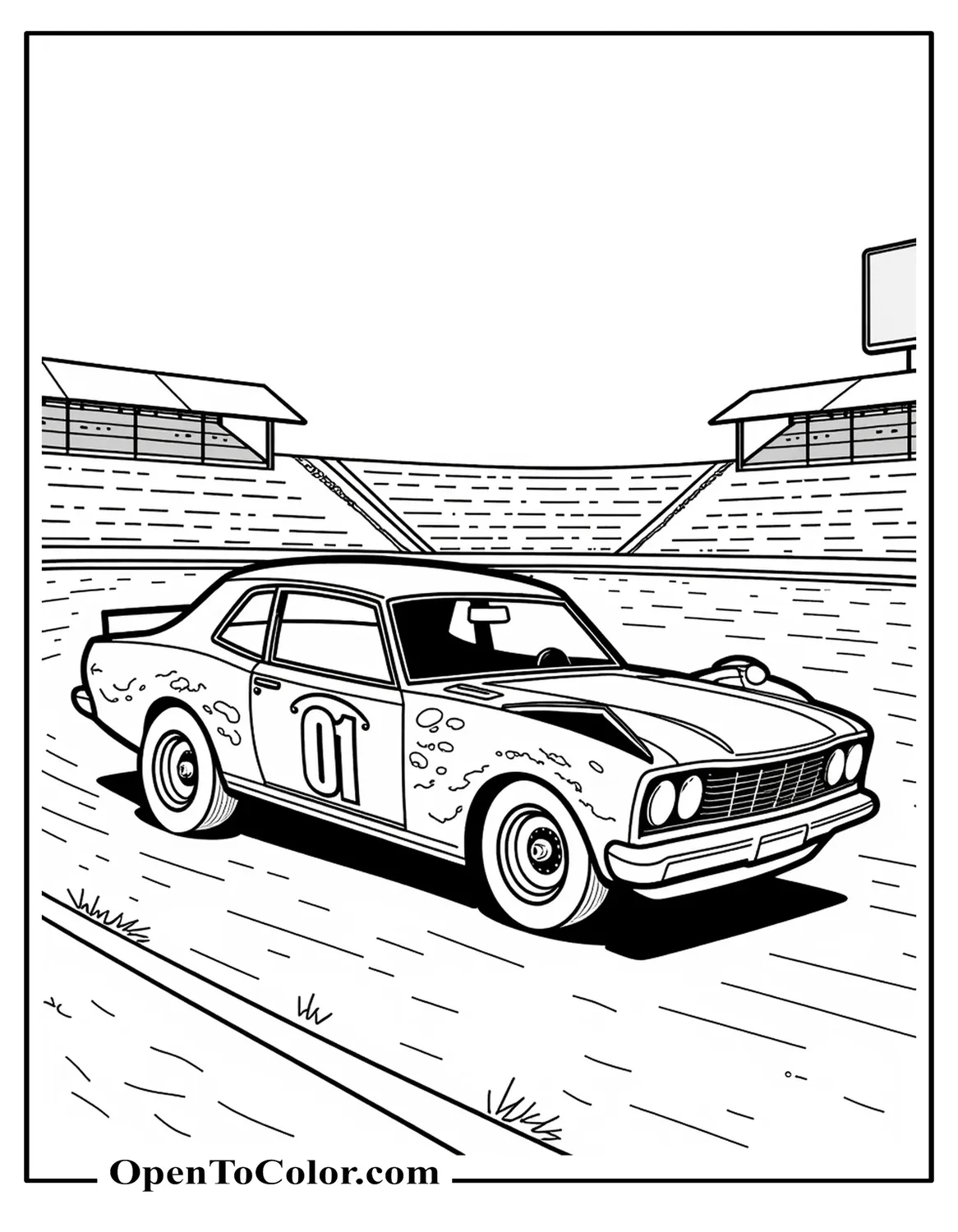 Demolition derby car coloring page PDF with dented panels and a large number inside an arena