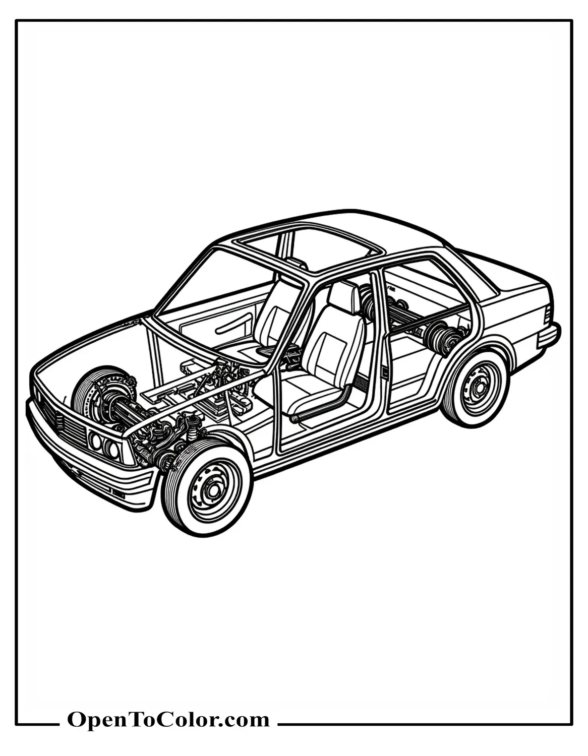 Free Coloring Sheet of Highly Detailed Exploded Car View Showing Seats, Wheels, and Dashboard