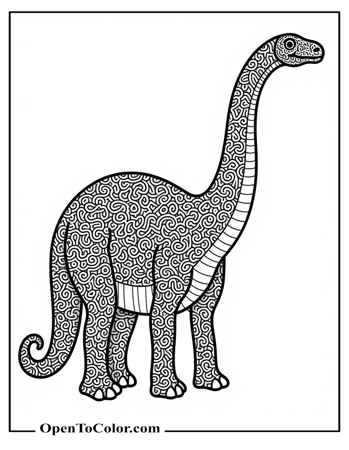 Free Coloring Sheet of Intricate Patterned Brontosaurus with Mandala Style Plates