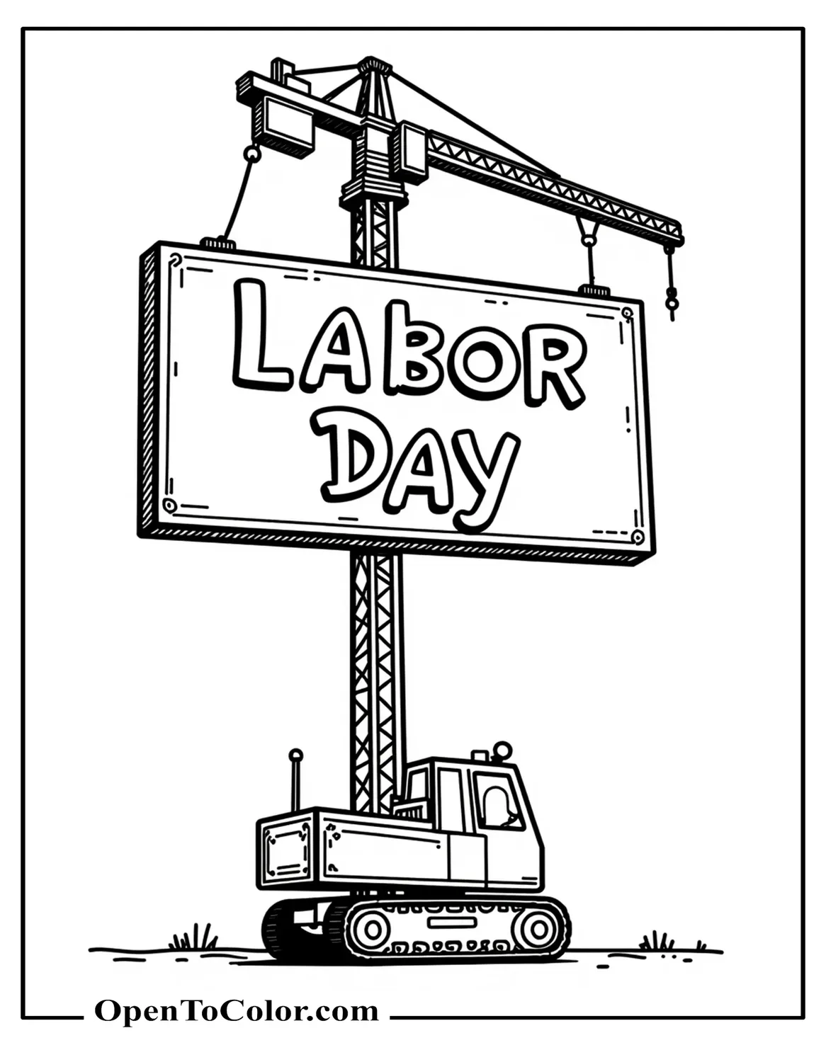 Coloring Page PDF of Construction Crane Lifting a Giant “Labor Day” Sign