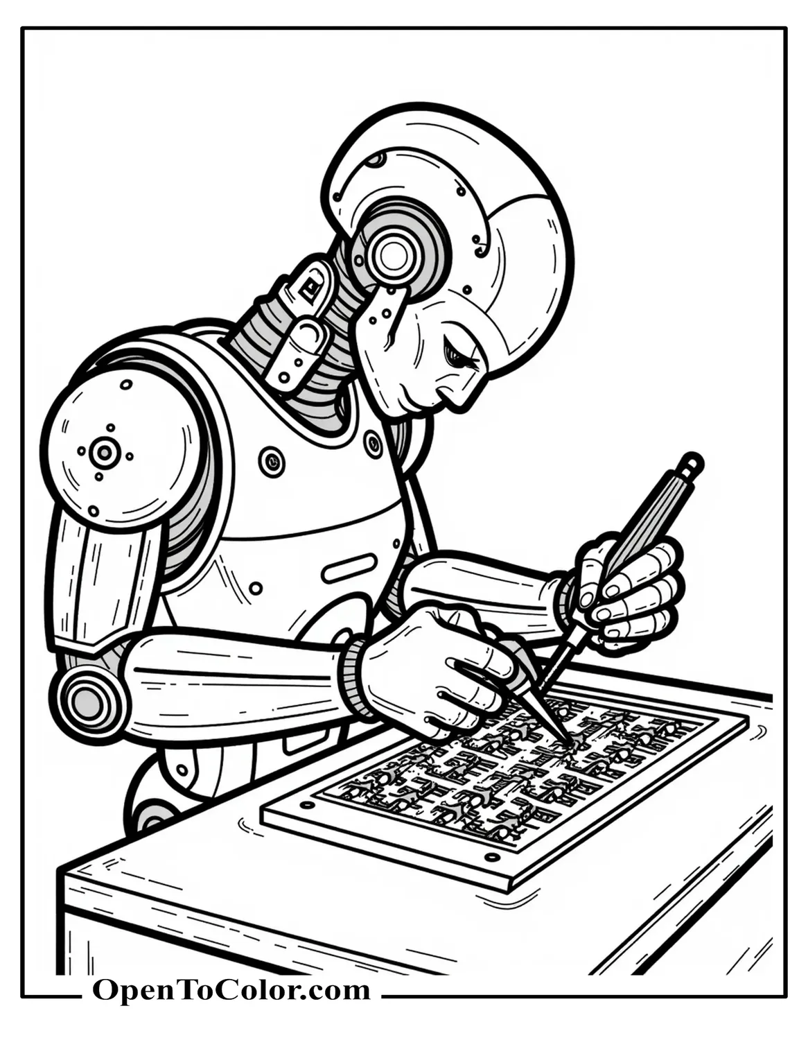 Free Coloring Sheet of a Detailed Mechanical Repair Robot Arm Soldering a Circuit Board