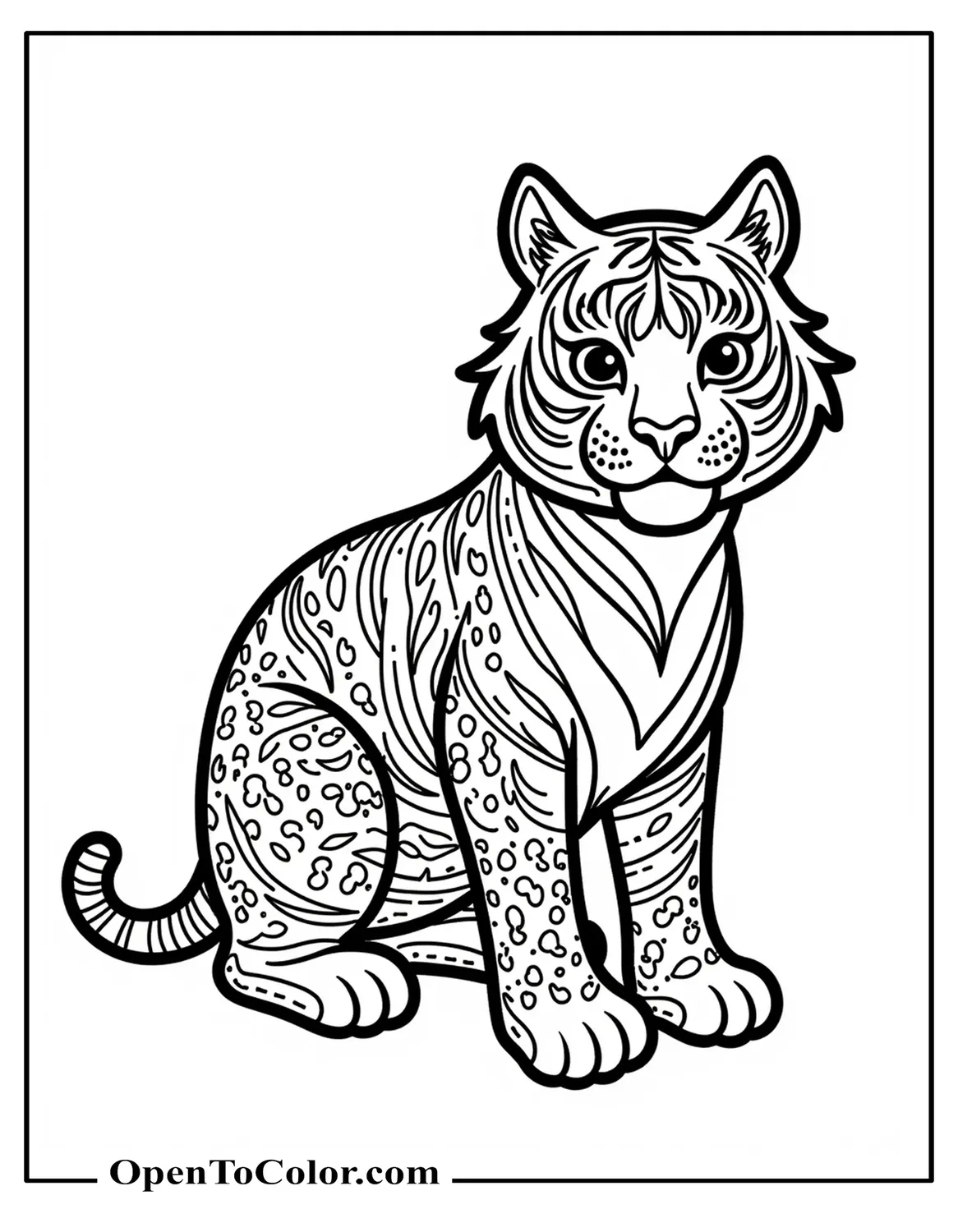 Printable Coloring Sheet of Detailed Tiger for Adults, Full Body with Layered Floral Patterns