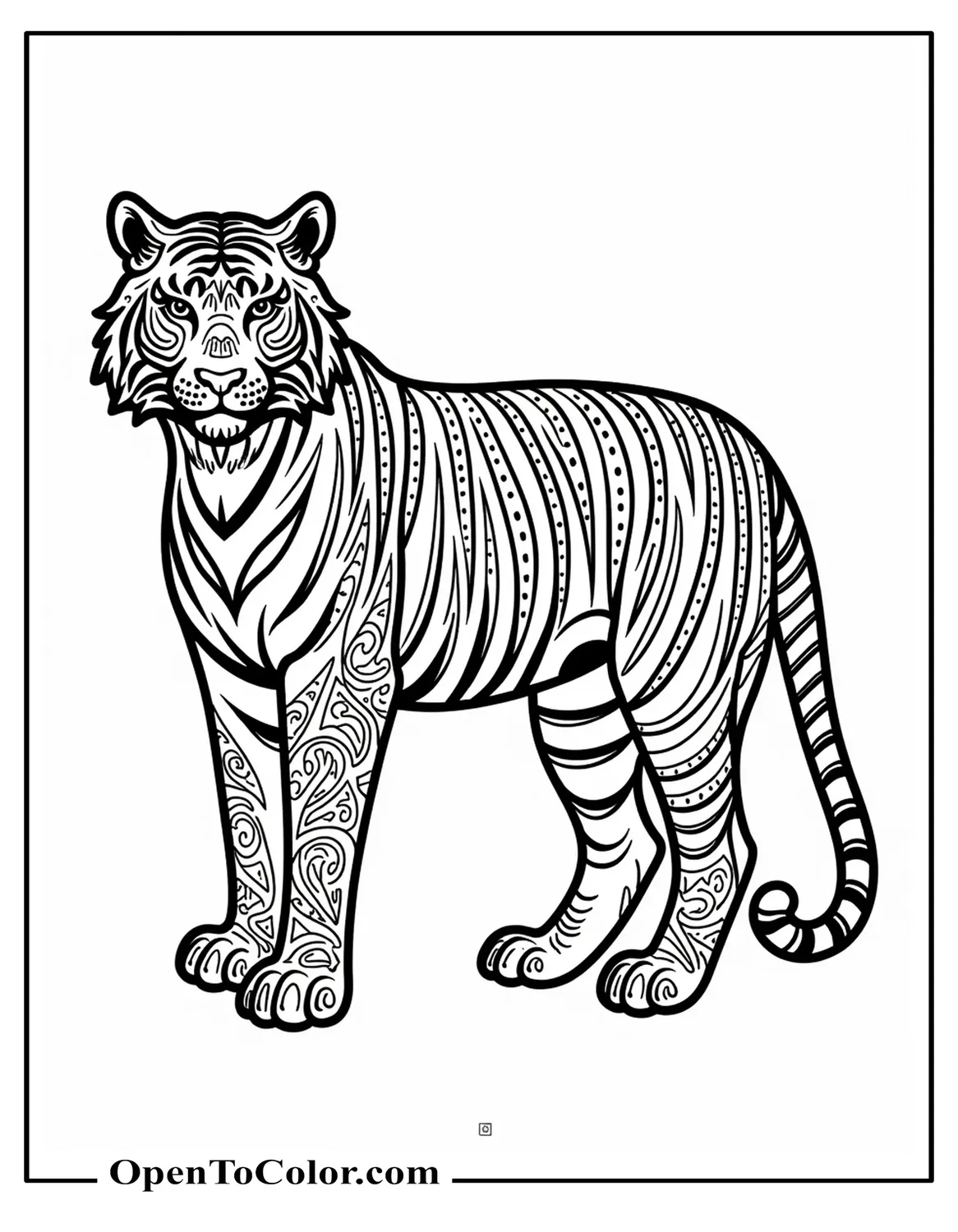 Free Detailed Tiger Standing Coloring Page, Ornate Geometric and Floral Patterns