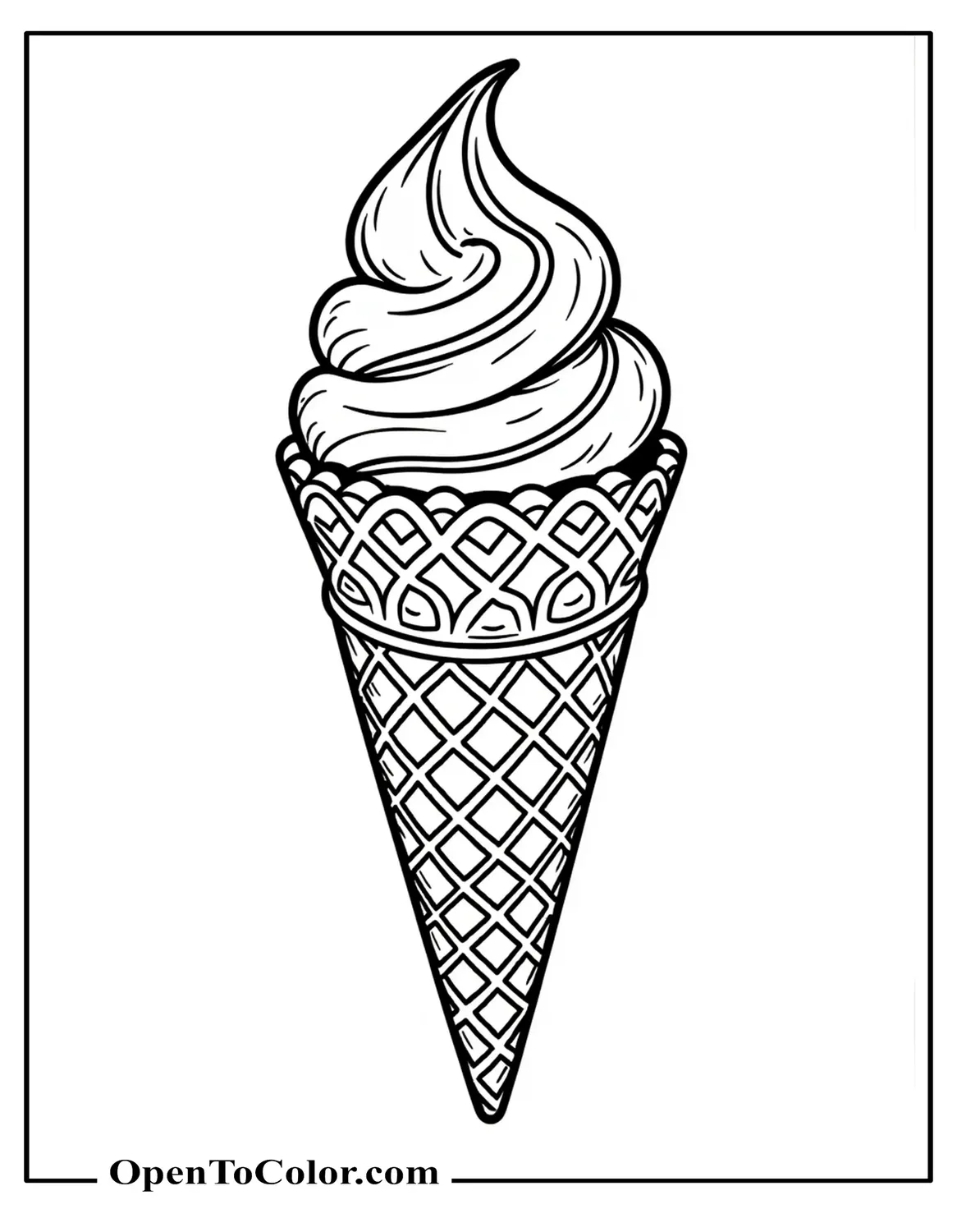 A detailed waffle cone topped with one ornate scoop, featuring intricate lattice and swirl patterns for adults coloring sheet PDF.