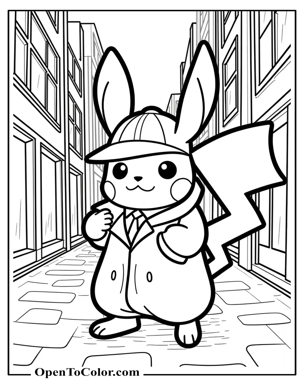 Free Detective Pikachu Coloring Page in Deerstalker and Coat on a City Alley Backdrop