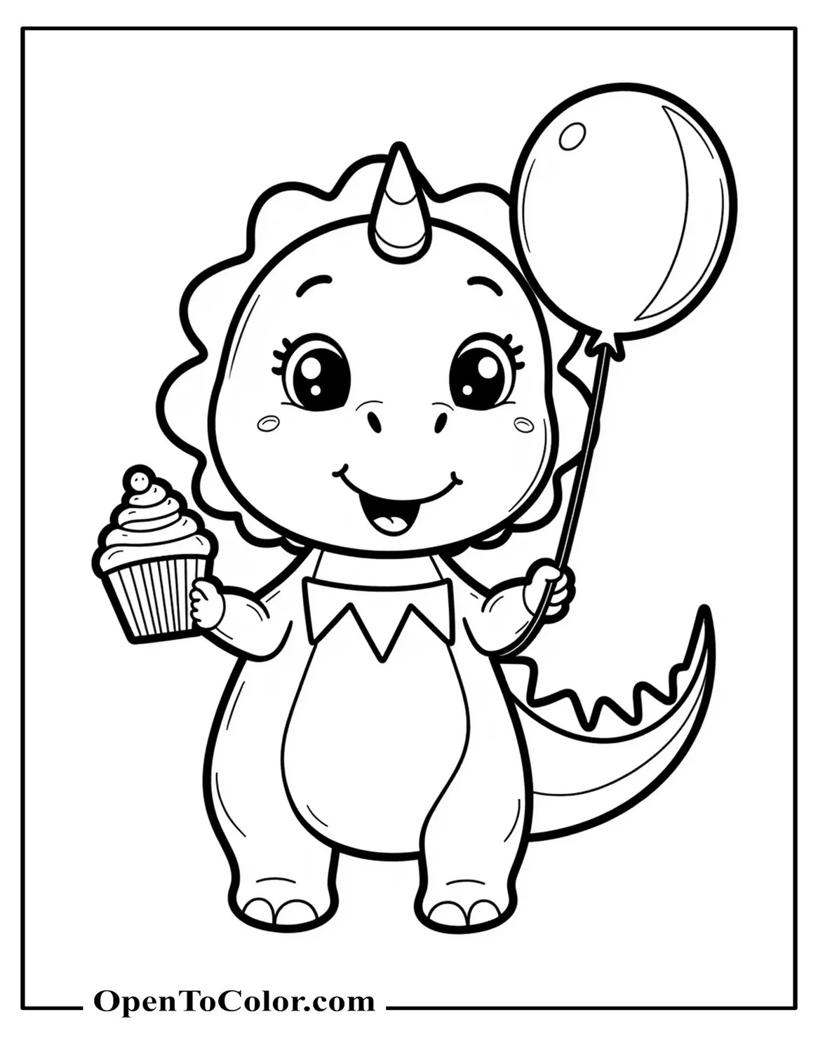 Dinosaur holding a balloon and cupcake with a triangle banner coloring page PDF