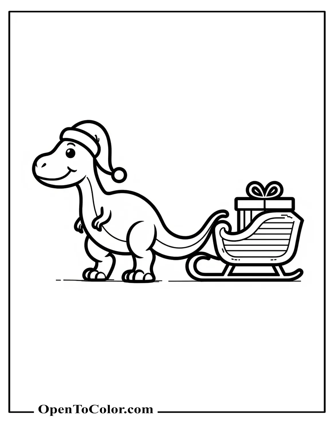 Dinosaur Wearing A Santa Hat Pulling A Sled With One Gift Coloring Sheet PDF