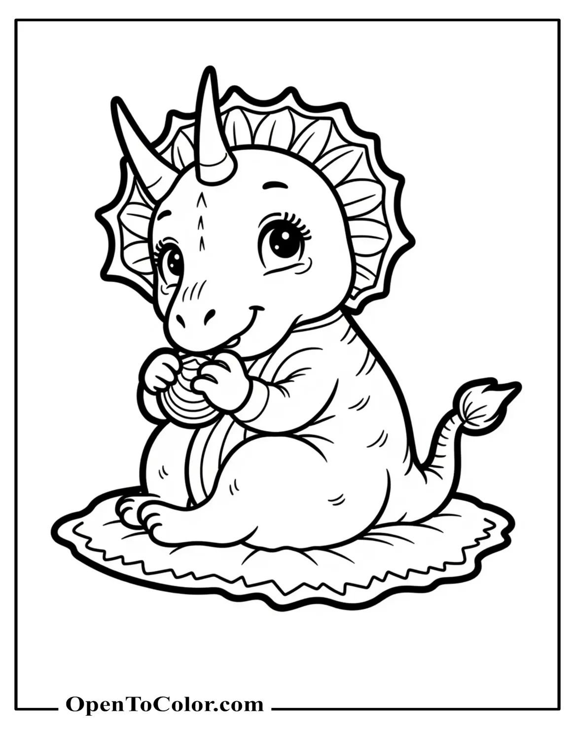 Free Coloring Page of Baby Triceratops Curled in a Blanket with a Rattle
