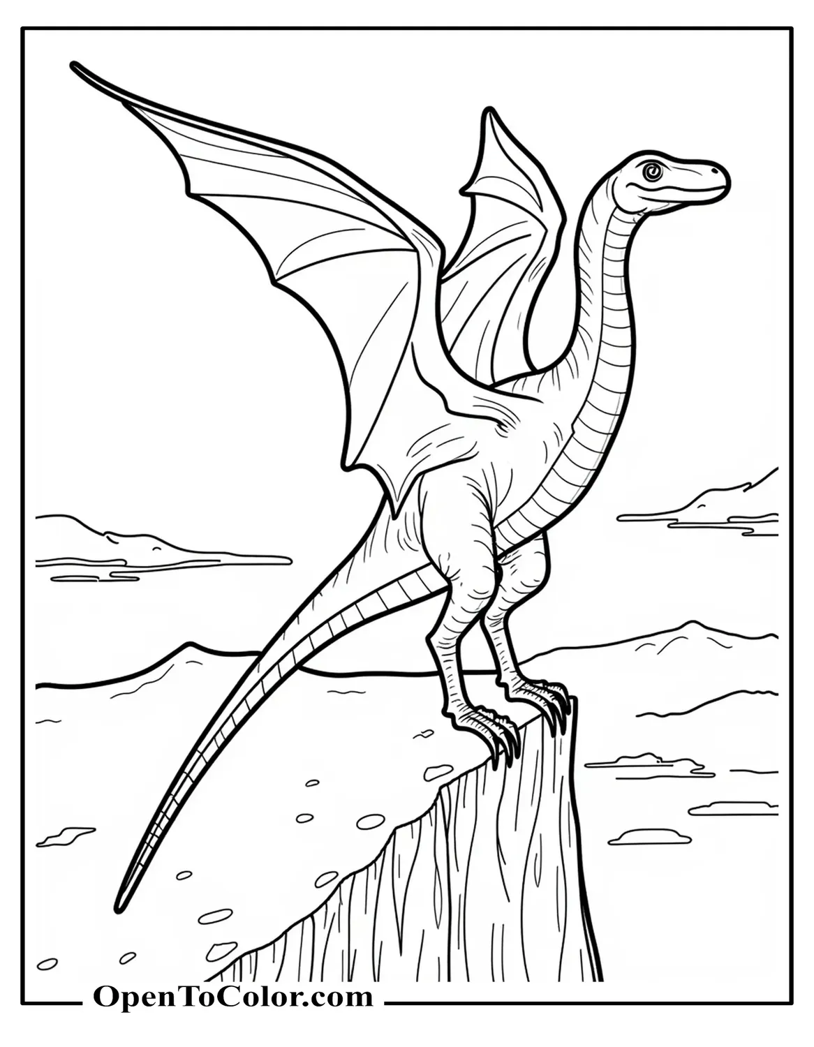 Pterodactyl coloring page PDF perched on a cliff edge with wings half open