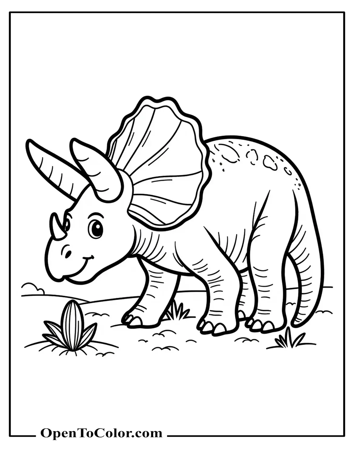 Printable coloring page of a Triceratops with head lowered near a small cactus.