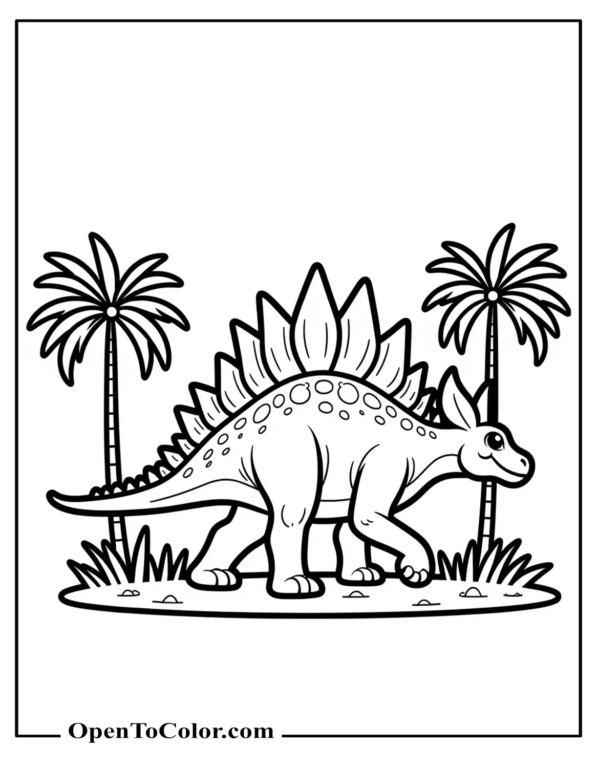 Stegosaurus side view coloring page PDF walking past a palm