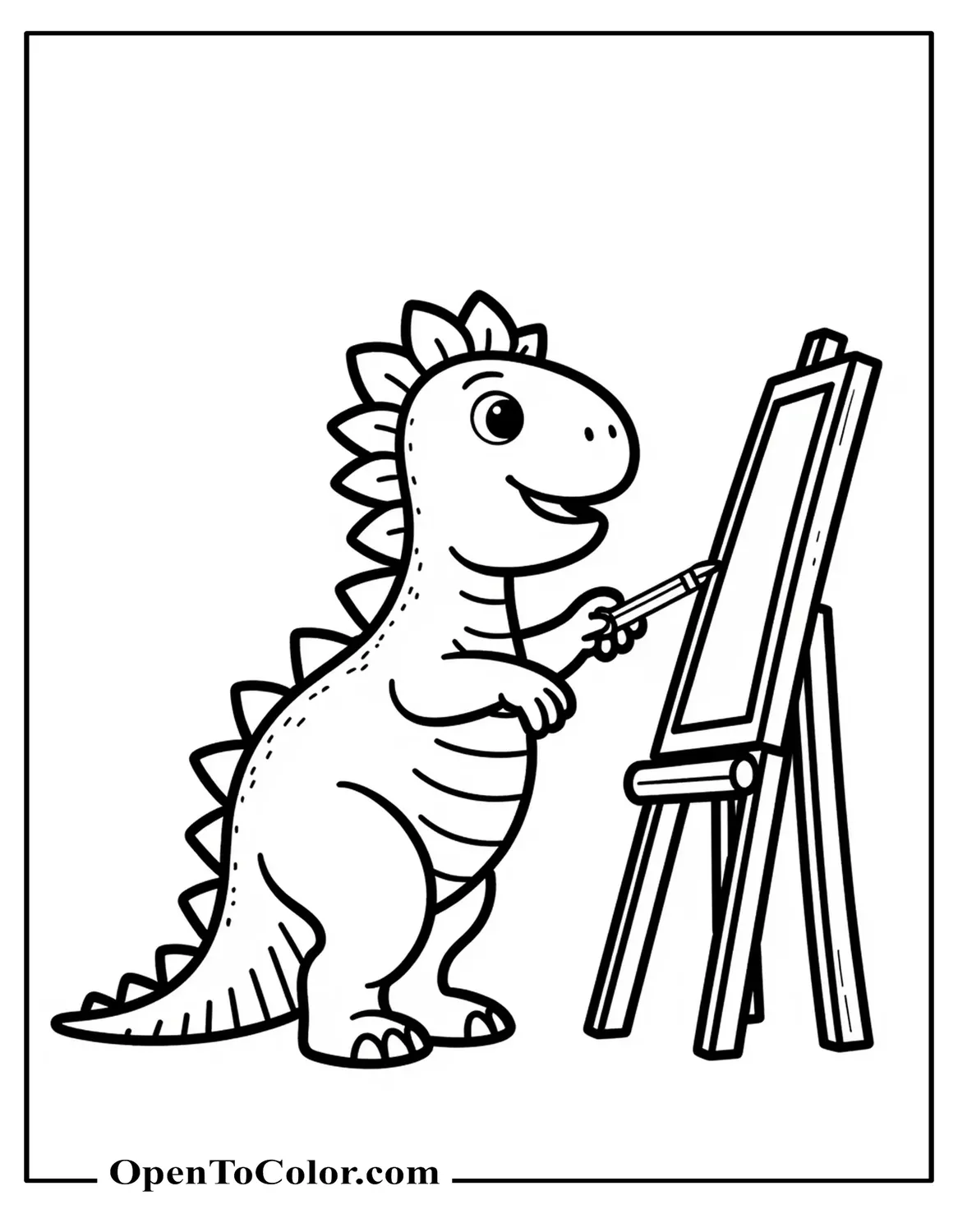 Dinosaur Standing By An Easel Drawing A Simple Dinosaur Sketch Coloring Sheet PDF