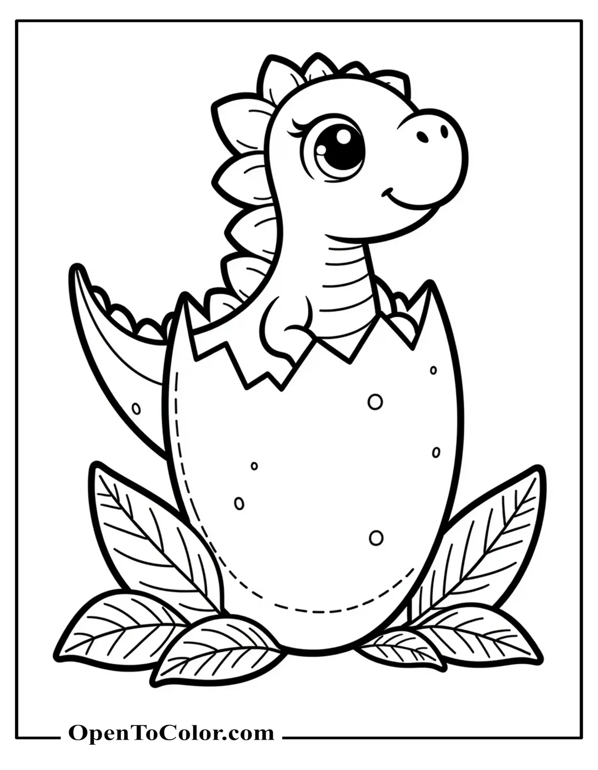 Free Coloring Sheet of Cracked Egg with Baby Dinosaur Peeking and Leaves Around
