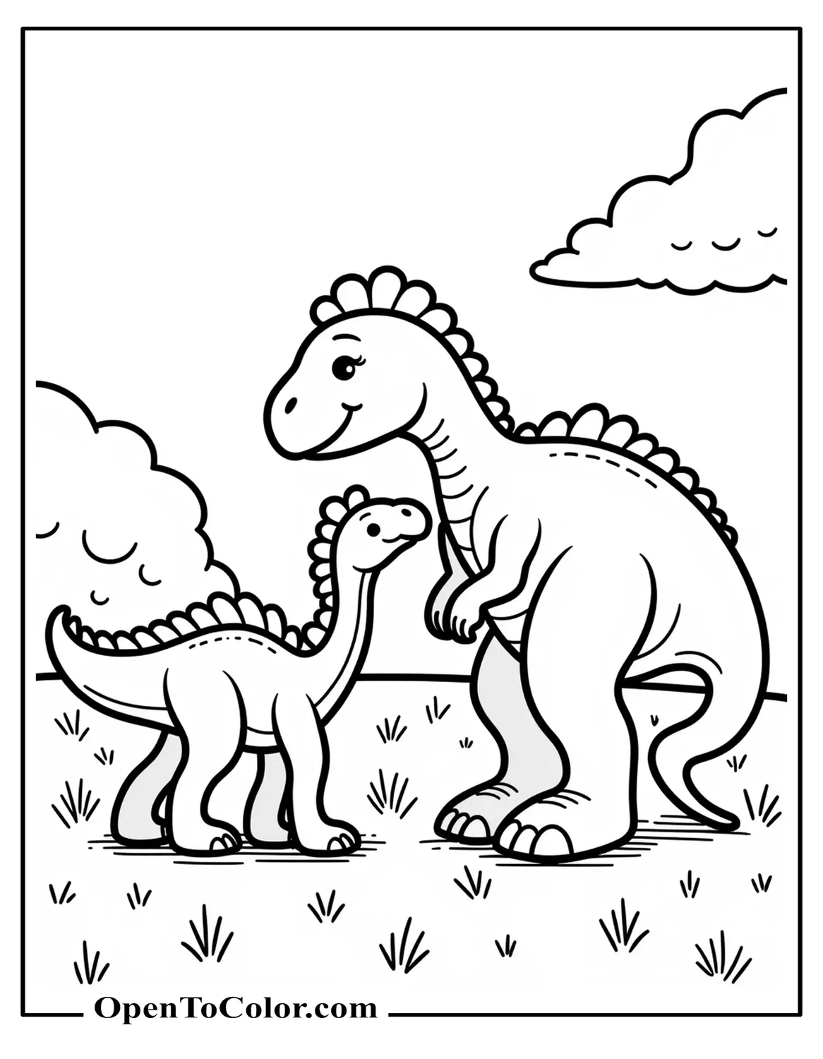 Parent Brontosaurus Nuzzling Baby In A Meadow Coloring Page PDF