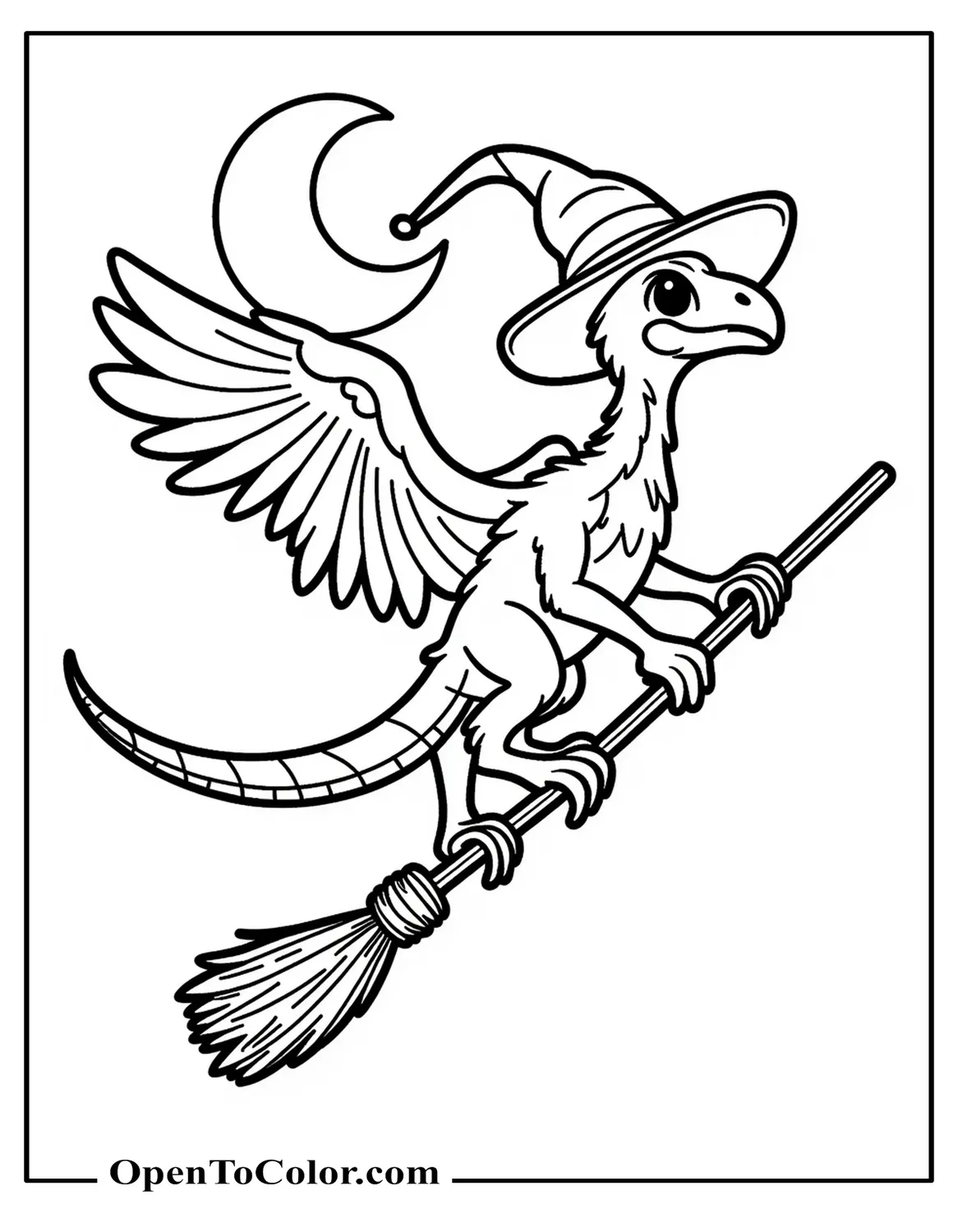Free Coloring Sheet of a Raptor Wearing a Witch Hat Flying on a Broom Under a Crescent Moon