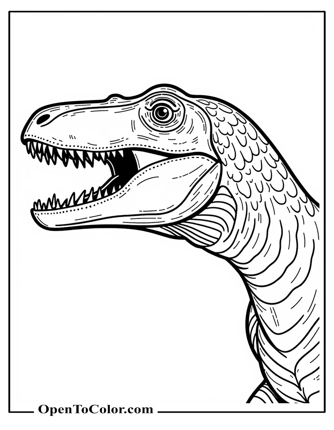 Close up large theropod head three quarter view with open mouth, coloring page, printable.