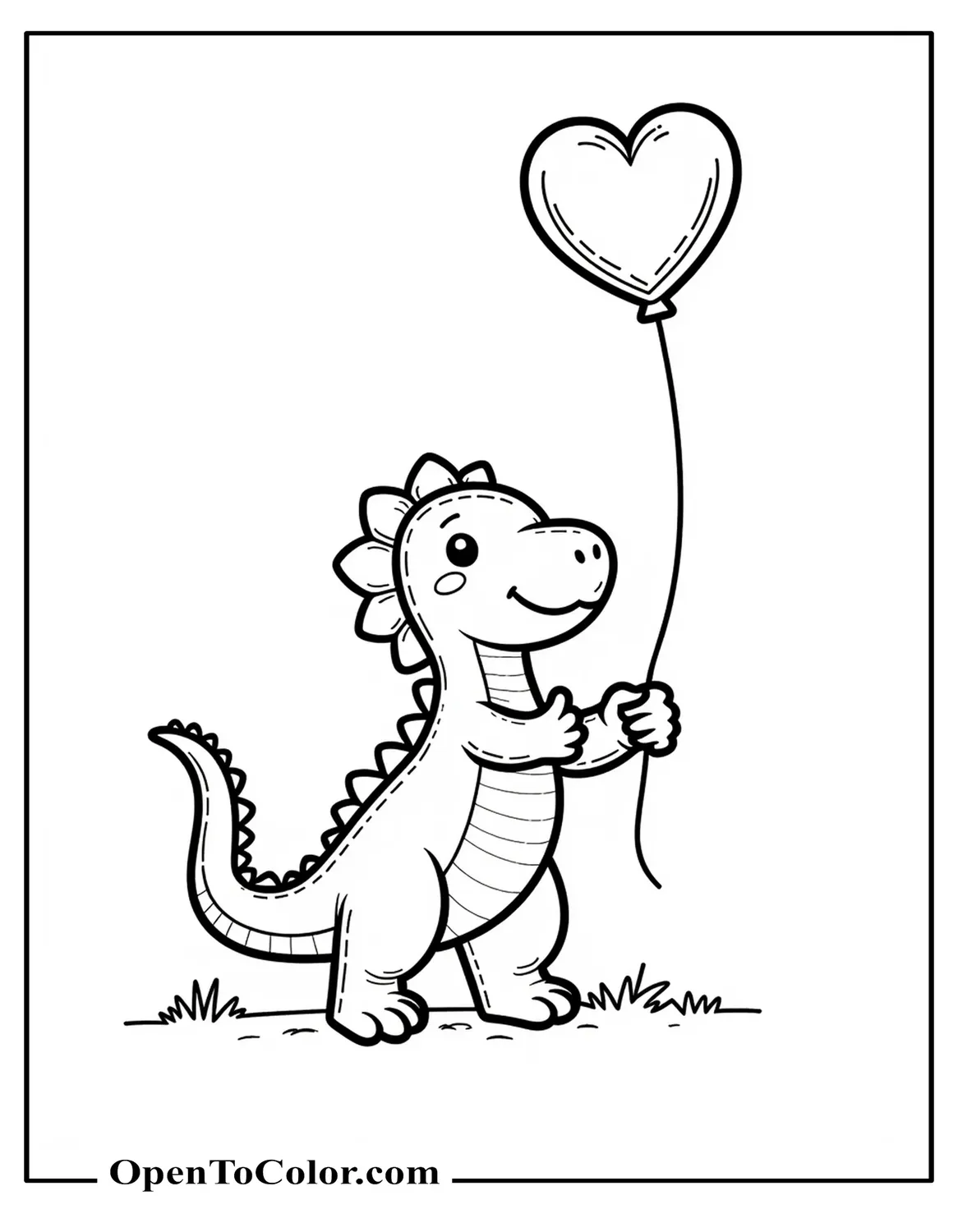Dinosaur Holding A Big Heart Balloon By The String Coloring Sheet PDF