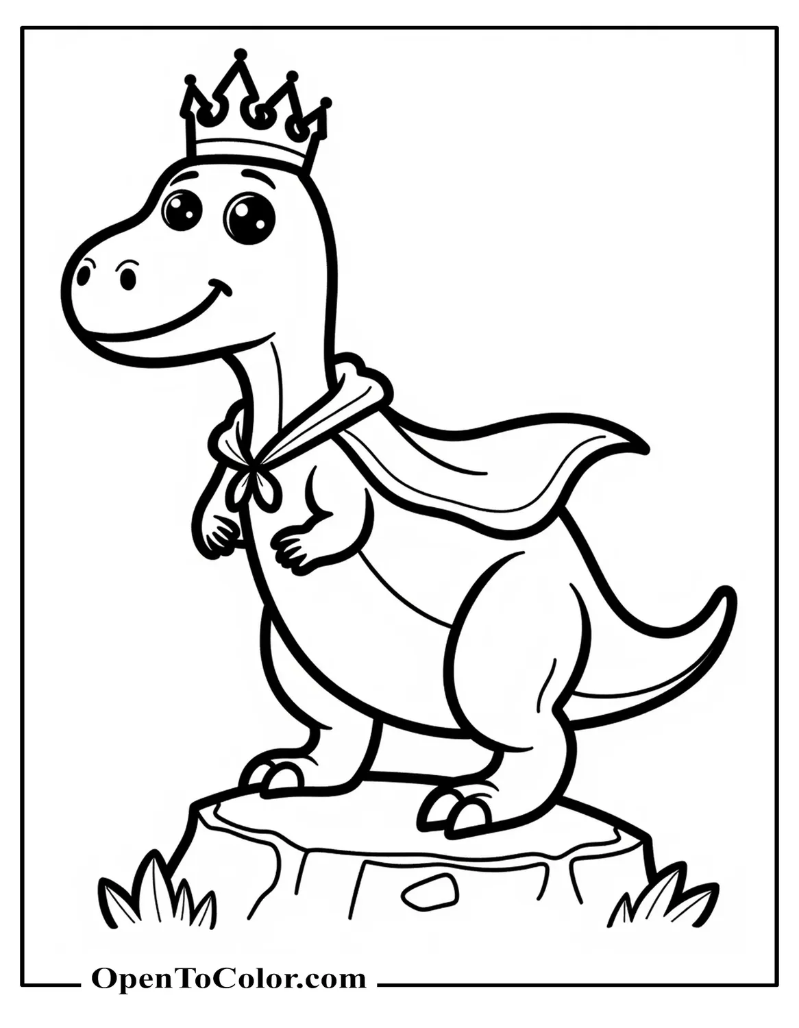 Free Coloring Page of a Dinosaur Wearing a Crown and Short Cape Standing on a Rock