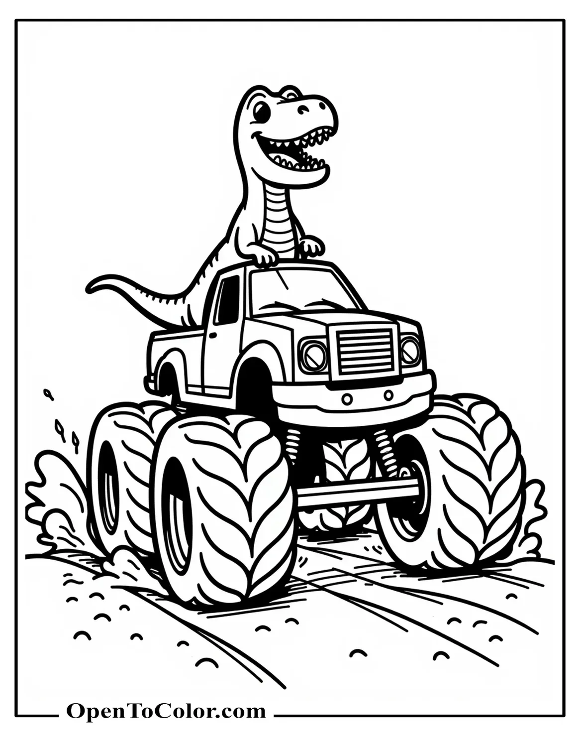 Dinosaur Driving a Monster Truck with Big Tires and Dust Puffs Coloring Sheet PDF