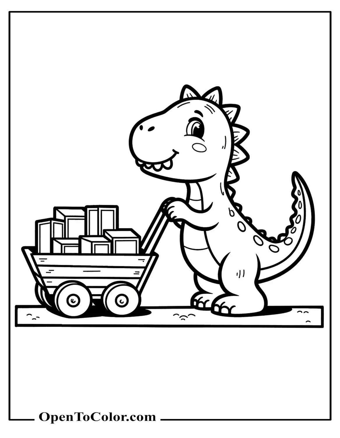 Chunky Dinosaur Pushing a Toy Cart Filled With Blocks Coloring Sheet Printable