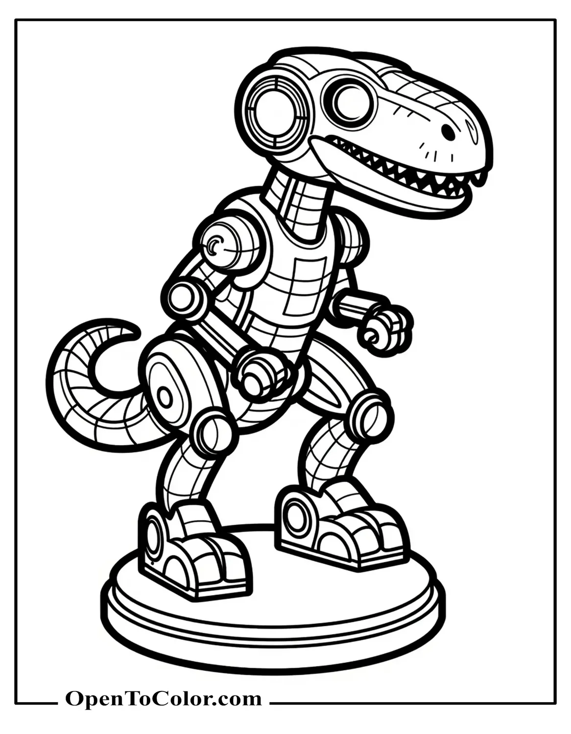 Printable Coloring Page of a Funko Pop Style Mechanical Robot Dinosaur on a Display Base