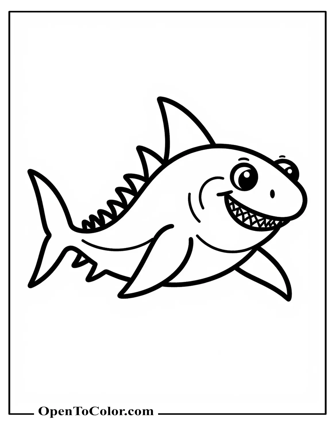 Shark with dinosaur spikes along the back smiling with wide fins coloring sheet PDF