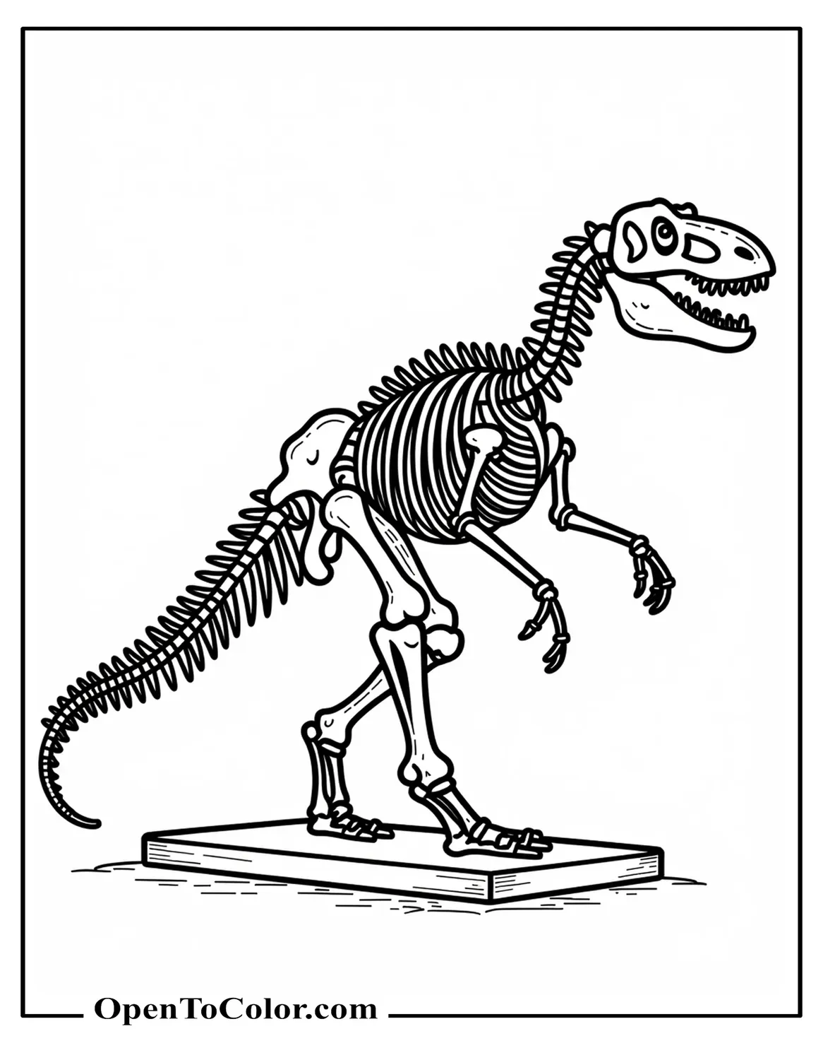 Printable Coloring Sheet of a Full Dinosaur Skeleton Side View on a Museum Stand