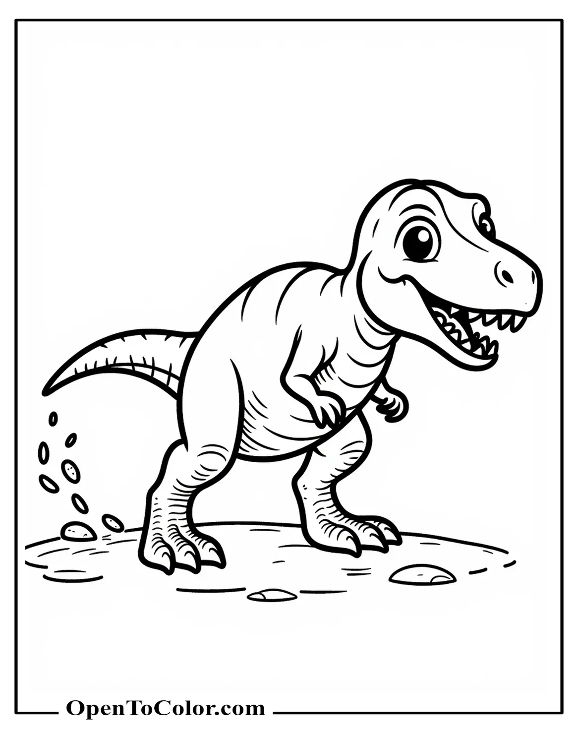 T Rex Stomping Forward With Footprints Trailing Behind, Printable Coloring Page