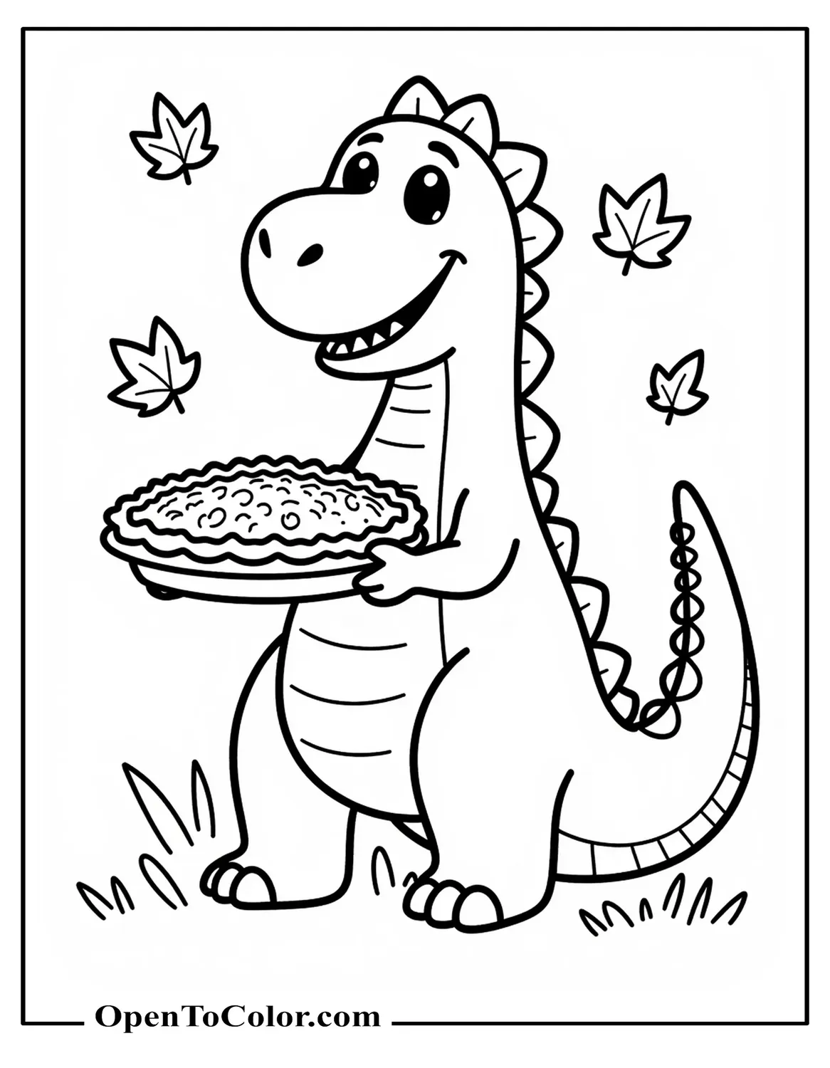 Dinosaur Holding A Pie With A Few Autumn Leaves Falling Coloring Sheet PDF
