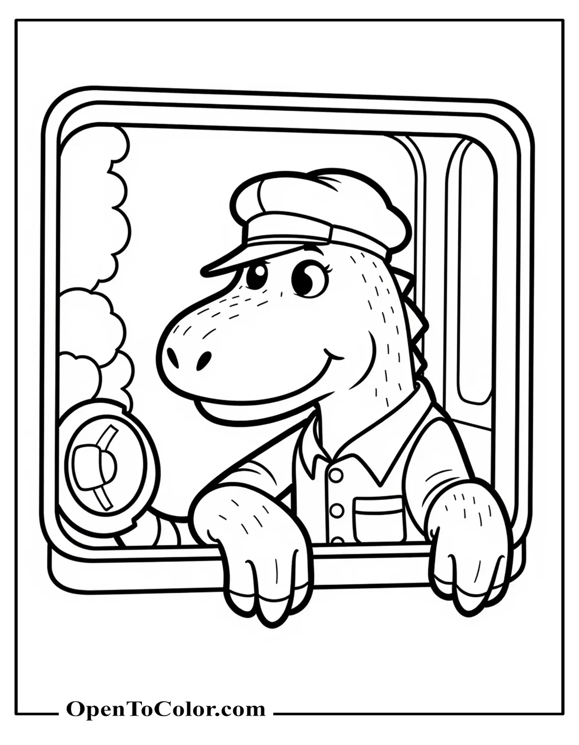 Dinosaur Train Conductor Leaning From Steam Engine Window With Smoke Puffs Coloring Sheet PDF