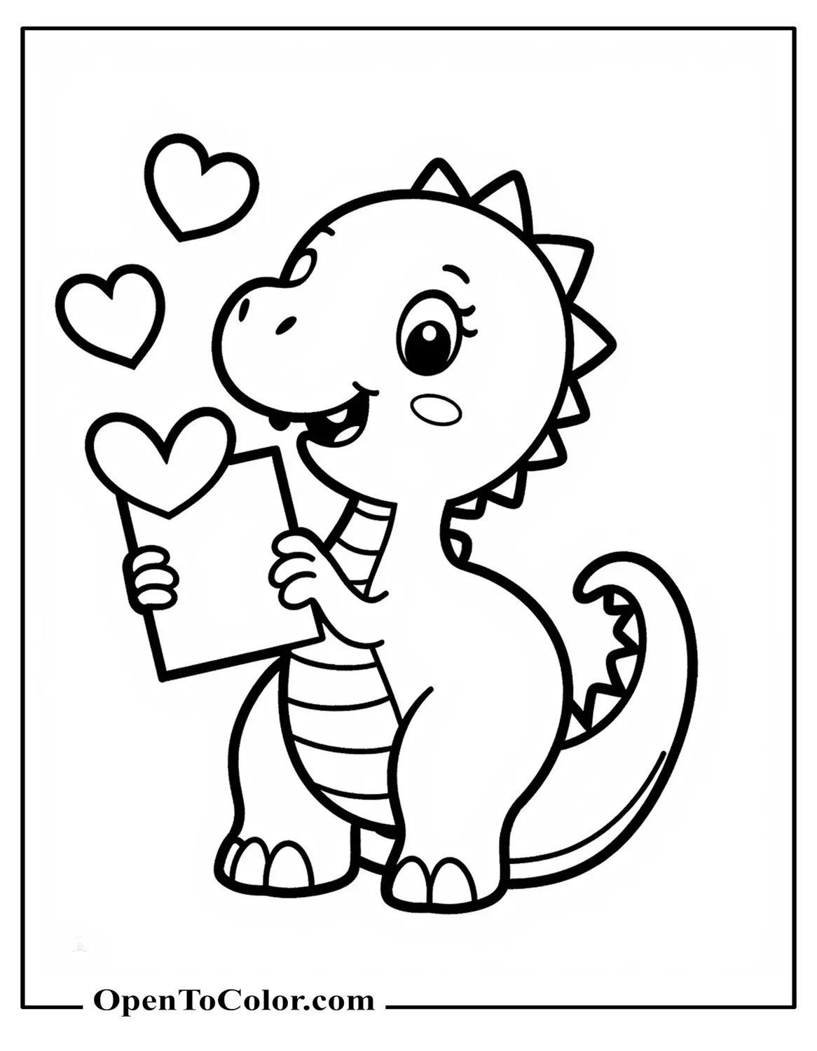 Free Coloring Page of a Dinosaur Holding a Heart Card with Small Hearts Floating