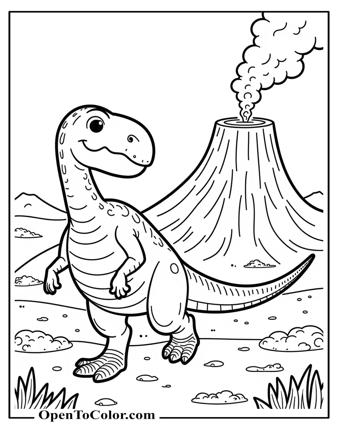 Printable Coloring Page of Dinosaur Running Past a Smoking Volcano with a Small Lava Trickle