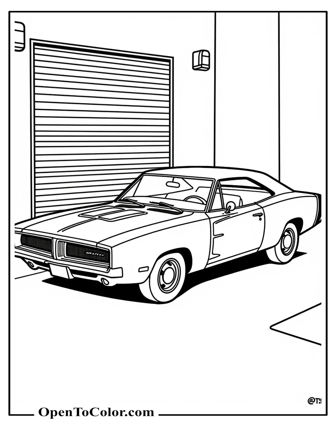 Printable Coloring Page of Dodge Charger R/T Parked by a Garage Door with a Single Stripe