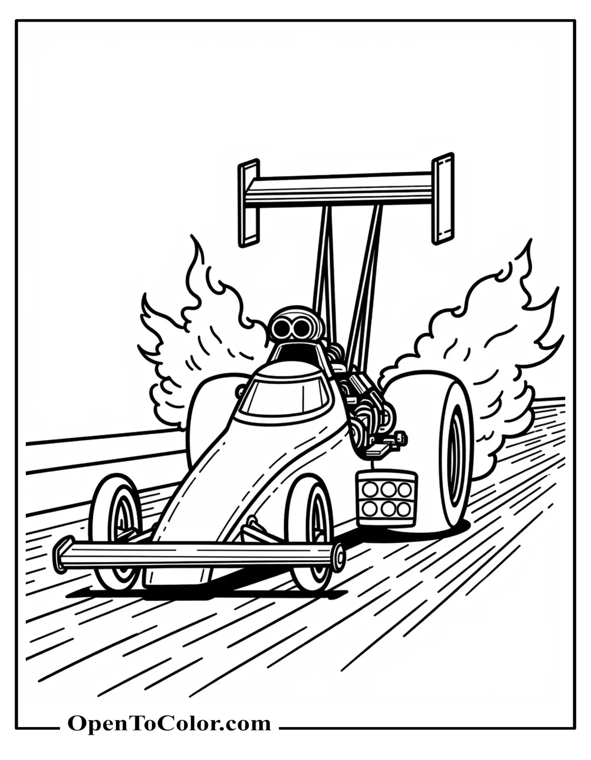 Top Fuel Dragster Staged at Starting Lights with Long Rear Slicks Coloring Sheet PDF