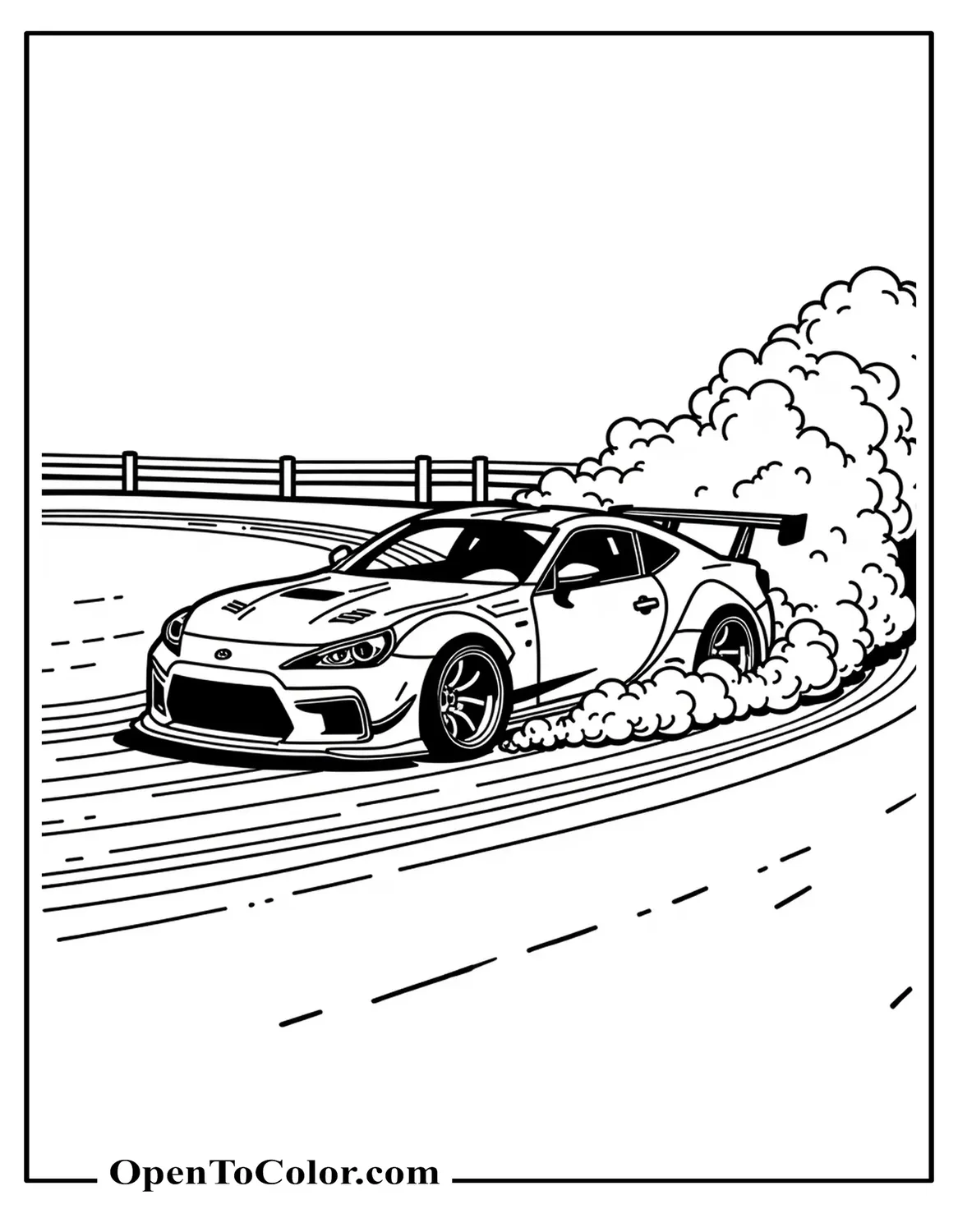 Drift coupe coloring sheet sliding sideways with smoke trails and track barriers, PDF.