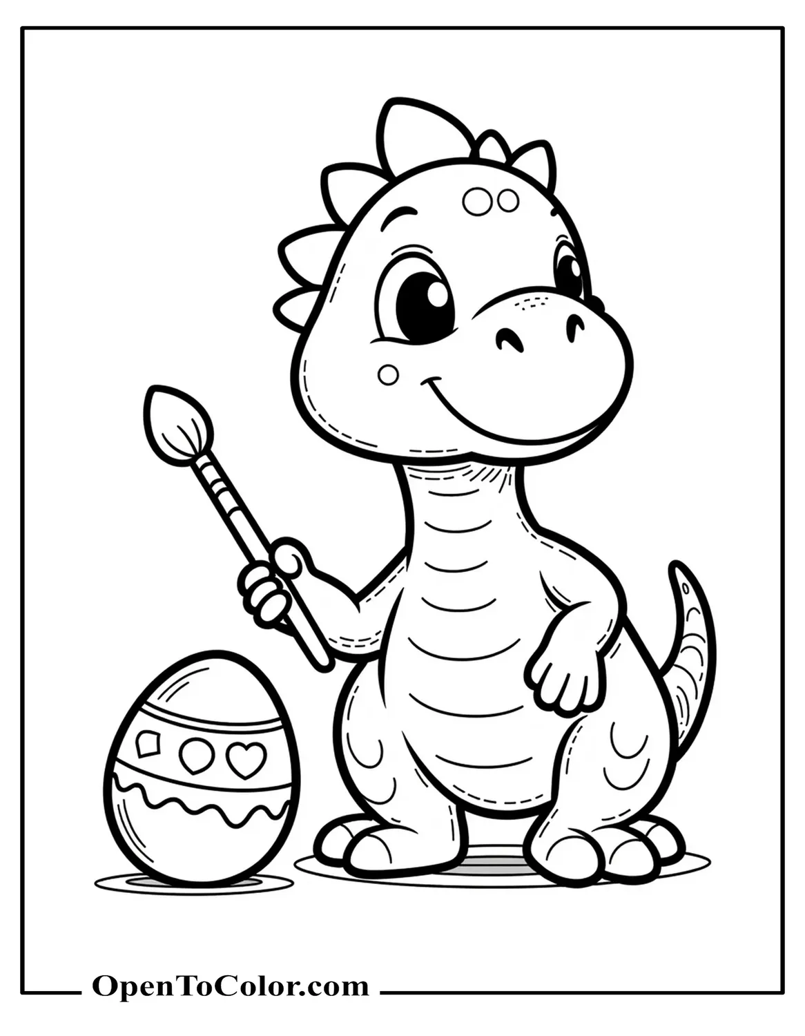 Dinosaur Coloring Page Painting An Egg With A Brush And A Small Paint Pot, Printable