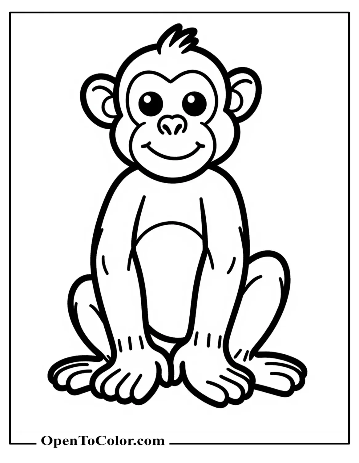 Coloring Page PDF of Easy Chimpanzee for Kids, Seated with Round Shapes and Thick Lines