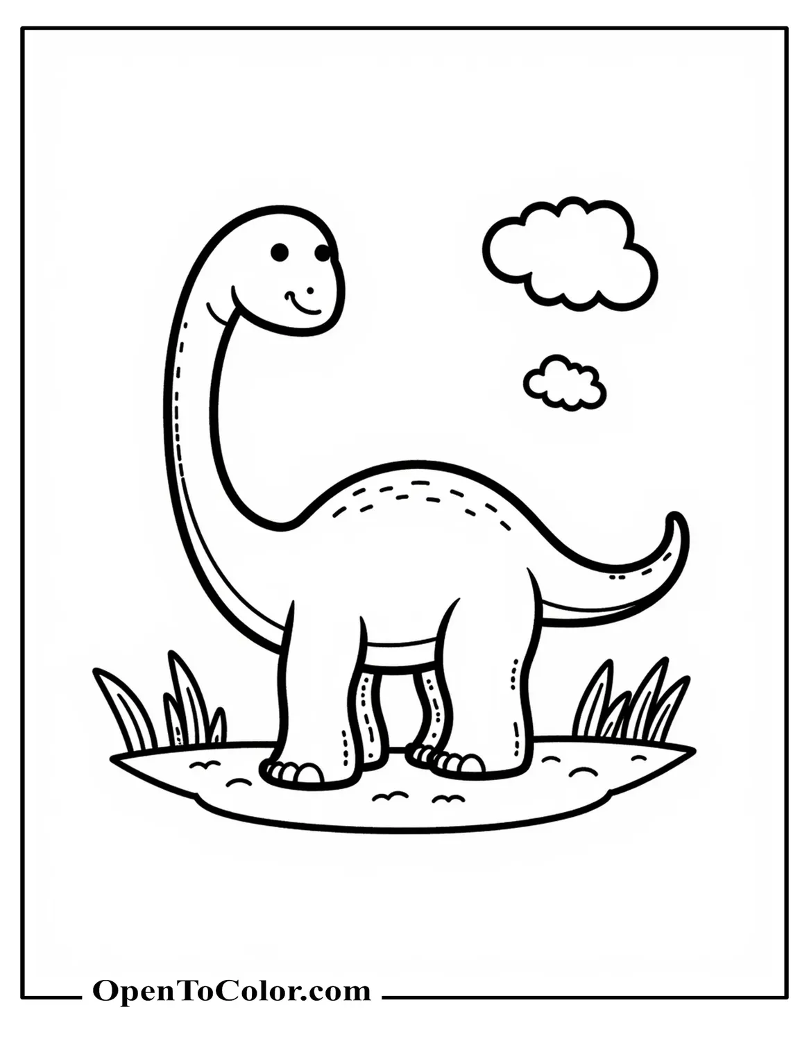 Printable Coloring Sheet of Round Brachiosaurus on Grass with Two Small Clouds