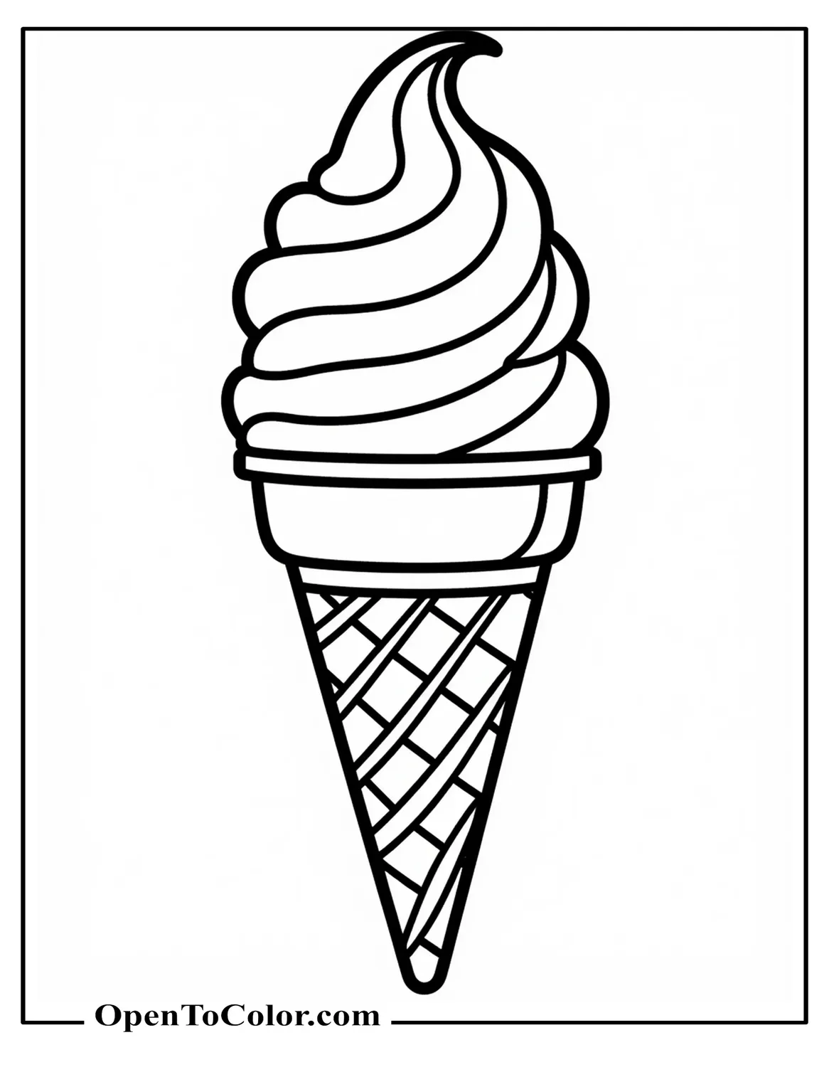 Printable Coloring Sheet of a Simple Ice Cream Cone with One Smooth Scoop and Thick Outlines
