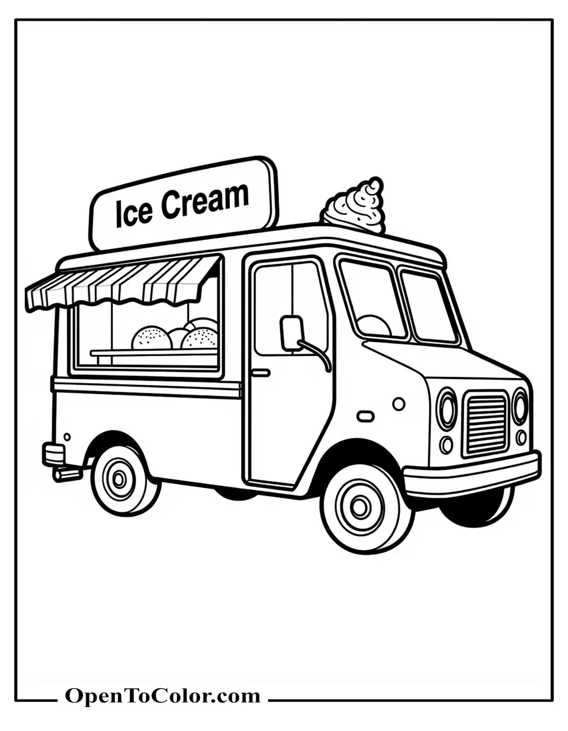 Coloring page of an easy ice cream truck with a large side window and a big “Ice Cream” sign on the roof, minimal small details, printable.